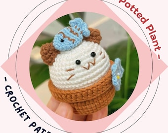 Cat Potted Plant Crochet Pattern Mini Animal Planter Pot Amigurumi Fish Pin on Kitten Head Flower Pot Plush Toy Desk Decor Handmade Gift