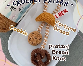 3In1 Lucky Bread Charm Crochet Pattern Pretzel Knot Round Cookie Fortune Toast Amigurumi Play Food Toy Kitchen Wall Decor Food Car Charm