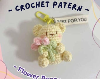 Patrón de crochet de oso de flores: adorable mini osito de peluche con flor de tulipán, llavero de oso amigurumi