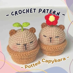 Pode incluir: Duas figuras de capivara de crochê em tons de marrom e bege, cada uma em um vaso marrom. Uma tem folhas verdes, a outra uma flor vermelha. O texto diz "CROCHET PATTERN" e "Potted Capybara".