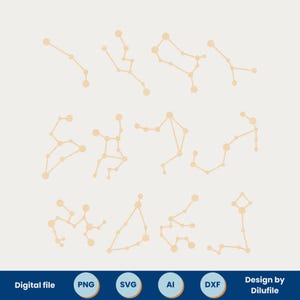 Bundle 12 Constellations du Zodiaque, Fichier digital au format svg, dxf, ai et png pour laser, Design Astrologie & Horoscope