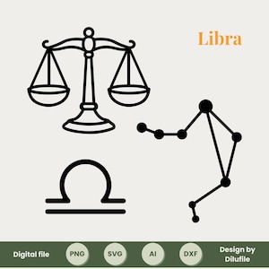 Fiches signe zodiaque Balance  – Symbole, constellation et illustration graphique (SVG, PNG, DXF)