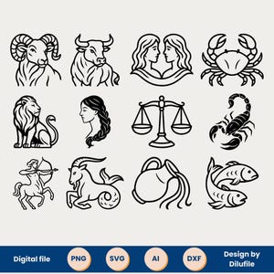 Les 12 signes du Zodiaque – Design vectoriel pour découpe laser et machine, téléchargement numérique svg, png, dxf et ai