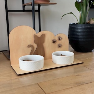 Support gamelles chat, design en bois silhouette chat et pattes – Fichier svg, dxf et ai pour découpe laser
