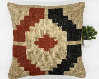 Geometric Kilim Wool Jute Pillow Cover | Handwoven Tribal Boho Cushion | Moroccan Turkish Style Rustic Throw Pillow for Living Room Sofa