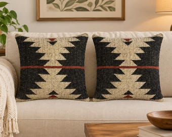 20x20 Kilim Pillow Cover, Handmade Wool and Jute Cushion, Boho Rustic Home Decor