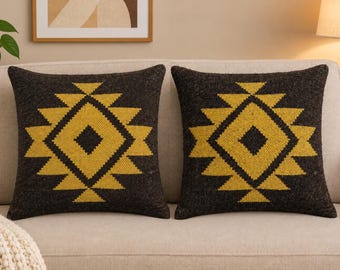 Bohemian pillow, Black and Yellow Kilim Pillow Cover, Handmade Wool-Jute Cushion, Turkish Aztec Decor