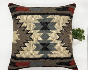 Funda de almohada Kilim de yute tejida a mano: cojín bohemio de 18x18 pulgadas