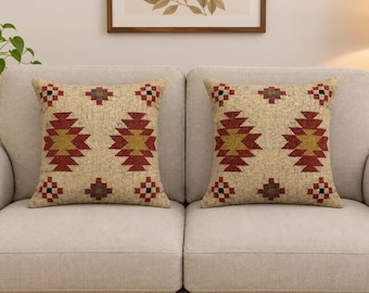 Funda de almohada Kilim tejida a mano, cojín de lana y yute para hogares bohemios, decoración rústica turca.