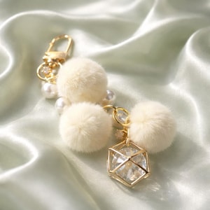 Fluffy PomPom Keychain, Gold Tone Gemstone Bag Charm accessory