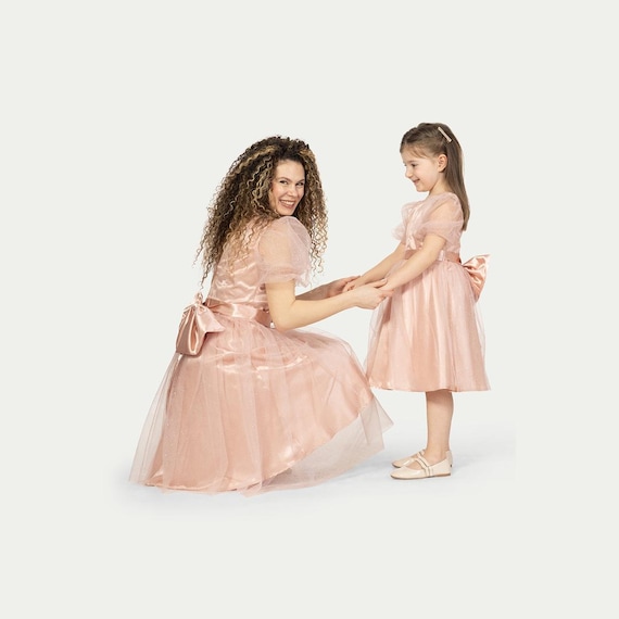 Mommy and Me Rose Gold Sparkle Dress Set, Puff Sleeve, Big Bow