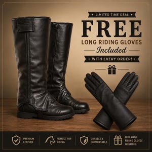 May include: A pair of black knee-high riding boots with a side zipper and a strap at the ankle, accompanied by a pair of long black gloves. The image includes text stating: LIMITED TIME DEAL FREE LONG RIDING GLOVES INCLUDED WITH EVERY ORDER.
