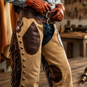 May include: Tan suede leather chaps featuring dark brown leather overlays, long fringe along the outer legs, and silver-toned metal studs. The chaps are secured with two buckled leather straps at the waist, worn over blue denim jeans.