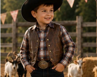 Handmade Brown Leather Kids Cowboy Vest | Western Rodeo Outfit (Custom Sizing)
