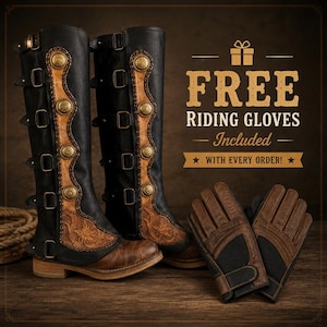 May include: A pair of black and brown knee-high boots featuring multiple side buckles, gold-toned circular accents, and floral embossed leather panels. Beside the boots are brown and black riding gloves with the text FREE RIDING GLOVES Included.