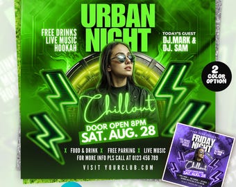 Ulotka na imprezę Urban Night Chillout Club – szablon Canva | 2 opcje kolorystyczne: zielono-fioletowy | Edytowalna ulotka na imprezę DJ-ską | Natychmiastowe pobranie cyfrowe