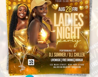 Szablon ulotki Canva na imprezę Ladies Night Party | Edytowalna złota ulotka na imprezę Girls Night Club | Plakat na imprezę weekendową | Natychmiastowe pobranie cyfrowe