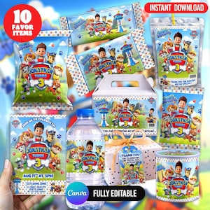 May include: A collection of Paw Patrol themed party supplies including chip bags, a juice pouch, a water bottle, a favor box, a gift tag, and a treat container, all featuring the text Jonathan Turns 3 and various cartoon dog characters.