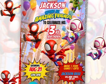Szablon zaproszenia urodzinowego Spider-Mana z motywem superbohatera | Edytowalne zaproszenie na imprezę dla dzieci z motywem bohatera sieci | Niesamowita kartka urodzinowa z przyjaciółmi | Pobieranie cyfrowe
