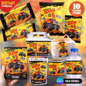 May include: A collection of monster truck themed party supplies featuring the text BOOM! CRASH! JACKSON IS 6. Items include snack bags, a favor box, a gift box with a thank you tag, a juice pouch, a cylindrical container, and a water bottle label.