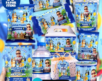 Paquete de recuerdos para fiesta de cumpleaños de cachorro azul, editable en Canva, kit de fiesta infantil de 10 artículos, botella de agua con foto personalizada, bolsa de papas fritas, invitación, descarga digital.