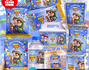 Space Cowboy Birthday Party Favor Bundle Canva | Editable 10 Item Kids Party Kit | Water Bottle Chip Bag Invitation Label Digital Download