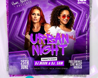 Ulotka na imprezę Urban Night DJ Party w formacie Canva | Edytowalna fioletowa ulotka na imprezę w klubie nocnym | Plakat na imprezę hiphopową | Natychmiastowe pobranie cyfrowe