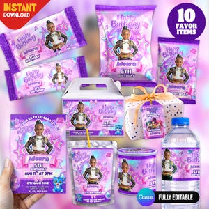 May include: A collection of purple-themed birthday party supplies featuring a photo of a child, including chip bags, a favour box, a gift box with a tag, a juice pouch, a snack container, a water bottle, and an invitation card with party details.