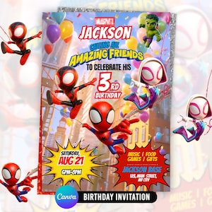 May include: A birthday invitation card featuring cartoon characters including Spider-Man, Miles Morales, Ghost-Spider, and Hulk. The text reads Jackson, Calling All Amazing Friends To Celebrate His 3rd Birthday, Saturday Aug 21, 6pm-8pm, Music, Food, Games, Gifts, Jackson Base, 123 Main Street, My City.