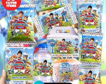 子犬レスキュー誕生日パーティー記念品セット Canva | 編集可能な10アイテムキッズパーティーキット カスタムウォーターボトルチップバッグ招待状 即時ダウンロード