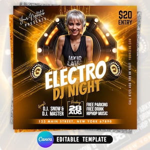 May include: A square promotional flyer for an Electro DJ Night featuring a person wearing headphones behind a DJ console. The text includes Your Nightclub Presents, Electro DJ Night, $20 Entry, guest DJs Snow and Master, Friday 28 Aug, and address.