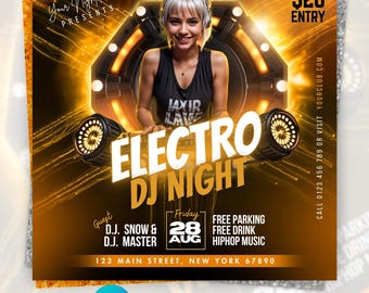 Szablon ulotki na imprezę Electro DJ Night Party Canva | Edytowalna ulotka na piątkowe wydarzenie klubowe EDM | Złoty plakat DJ | Natychmiastowe pobranie cyfrowe
