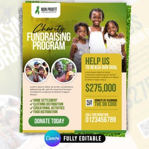 May include: A charity fundraising program flyer featuring three children in the upper section and two circular photos of children below. The text includes Charity Fundraising Program, Help Us To Reach Our Goal, $275,000, and Donate Today.