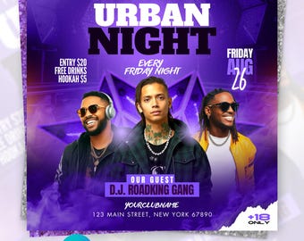 Ulotka na wydarzenie muzyczne Urban Night DJ z szablonem Canva | Edytowalna ulotka na imprezę hiphopowego klubu nocnego | Plakat na piątkowy wieczór | Natychmiastowe pobranie cyfrowe