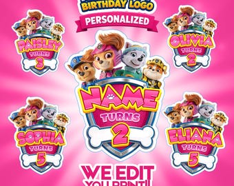 Logotipo personalizado de Puppy Rescue para cumpleaños en formato PNG, rosa, con nombre y edad personalizados, diseño de escudo y hueso para niñas, adorno para pastel de cumpleaños, impresión digital para camisetas.