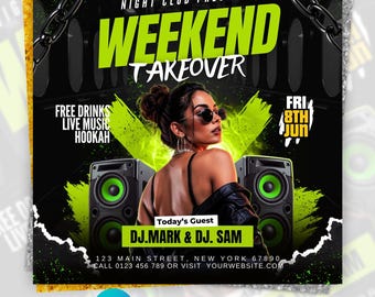 Szablon ulotki Canva na imprezę weekendową Takeover Club | Edytowalna neonowozielona ulotka na imprezę DJ-ską | Plakat na imprezę w stylu grunge | Natychmiastowe pobranie cyfrowe