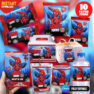 Puede incluir: Una colección de artículos de fiesta con temática de Spider-Man que incluye bolsas de patatas, una caja de regalo, una botella de agua, una bolsa de zumo, un recipiente para aperitivos y una invitación. Todo incluye el texto James Turns 9.
