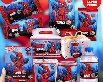 スパイダーマンのスーパーヒーロー誕生日パーティーグッズセット Canva編集可能 10アイテム コミックスパイダーパーティーキット ウォーターボトル チップバッグ 招待状 即時ダウンロード