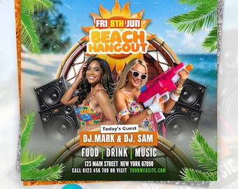 Szablon Canva ulotki na imprezę plażową | Edytowalna ulotka na letnie spotkanie przy basenie z DJ-em na plaży | Plakat na imprezę tropikalną | Natychmiastowe pobranie cyfrowe