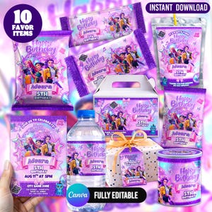 Kpop Popstjärna Födelsedagsfest Presentpaket Canva Redigerbart 10-artiklar Flickfest Kit Vattenflaska Chippåse Inbjudningsetikett Set Direkt Nedladdning