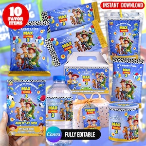May include: A collection of Toy Story themed party supplies including chip bags, a water bottle, a gift box, a favor pouch, and a cylindrical container, all featuring characters, the text 'IT'S PARTY TIME MAX TURNS 3', and cow print accents.