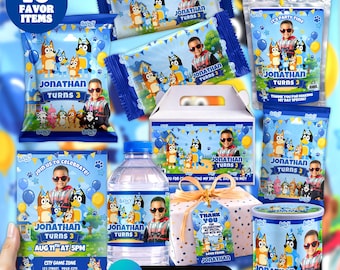 Pakket met blauwe puppy-verjaardagscadeautjes voor Canva | Bewerkbare uitnodiging met 10 gepersonaliseerde waterflesjes met foto en chipszakjes voor kinderfeestjes | Direct te downloaden