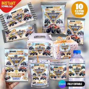 May include: A collection of monster truck themed party supplies including chip bags, a favor box, a gift box with a tag, a juice pouch, a snack container, and a water bottle, all featuring the text BOOM! CRASH! IT'S A MONSTER TRUCK BASH! JACKSON'S 5TH JAM.