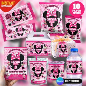 May include: A collection of pink Minnie Mouse themed party supplies including chip bags, a favour box, a gift box with a tag, a juice pouch, a snack container, and a water bottle, all featuring the text Olivia Turns 3 and It's Party Time.