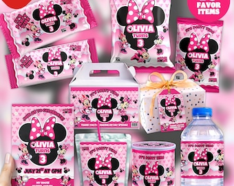 Pink Mouse Birthday Party Favor Bundle Canva Editable 10 Item Girls Party Kit Cute Mouse Water Bottle Chip Bag Invitation Instant Download