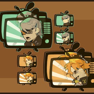 May include: Illustration of cartoon characters on vintage televisions. The televisions are black with antenna-like features. The characters have various hair colours and expressions. The background is brown with a decorative border.