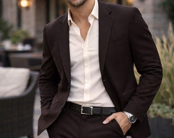 Traje de dos piezas para hombre, color marrón oscuro, corte ajustado, regalo formal de boda para él.