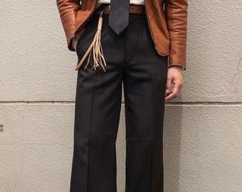 Mens Black Wide Leg Trousers – 70s Retro High Waist Dress Pants Gifts
