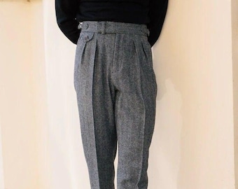 Herren Grau Fischgrät Tweed Wolle Gurkha Hohe Taille Faltenhose Geschenk für Ihn