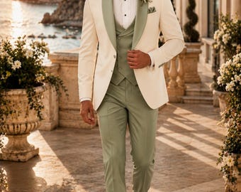 Elegant Sage Green Wedding Suit for Men – 3 Piece Tuxedo with Ivory Shawl Lapel Blazer